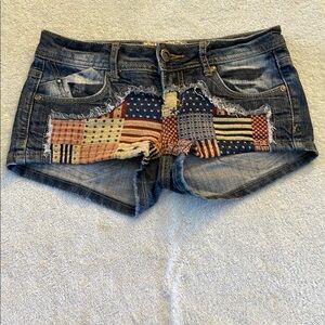 Hot Kiss Blue and Red Jean Shorts with Distressed Hem